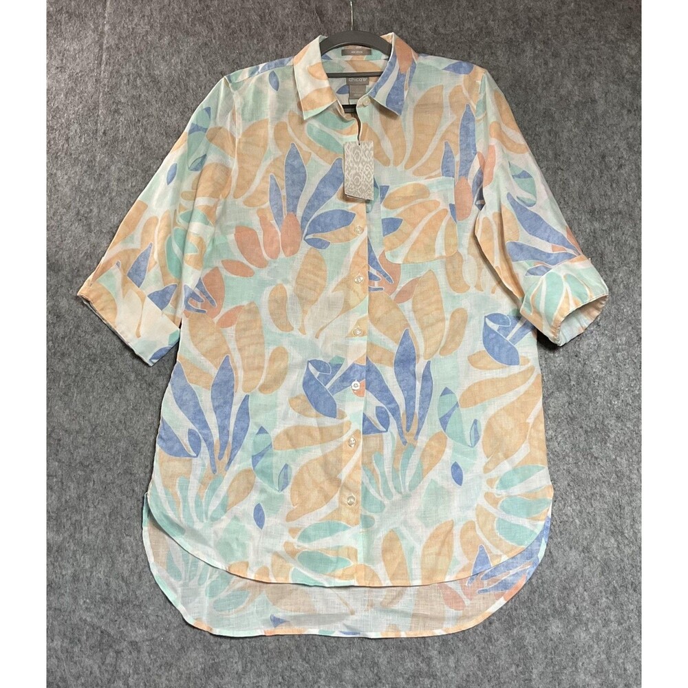 Chicos Top Shirt Womens 0 Small Multicolor Linen Tunic Button-Up Non-Iron New